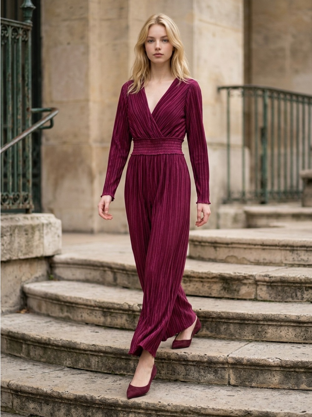 Flying Tomato Plum Pleated V-Neck Long Sleeve Jumpsuit